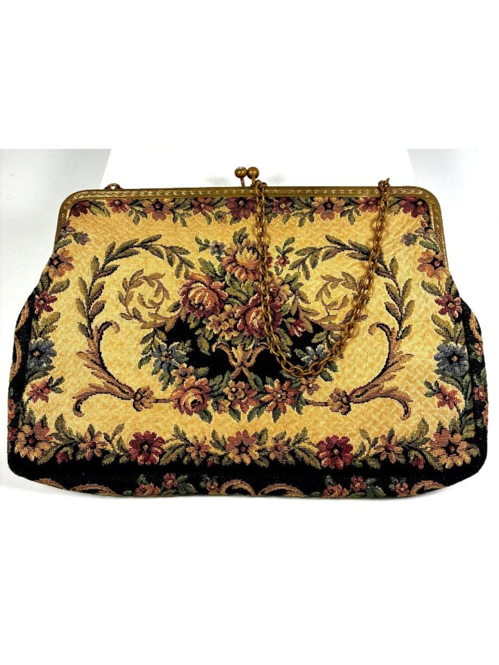 Vintage Floral Tapestry Purse Gold Tone Frame Kiss Lock Chain Handle